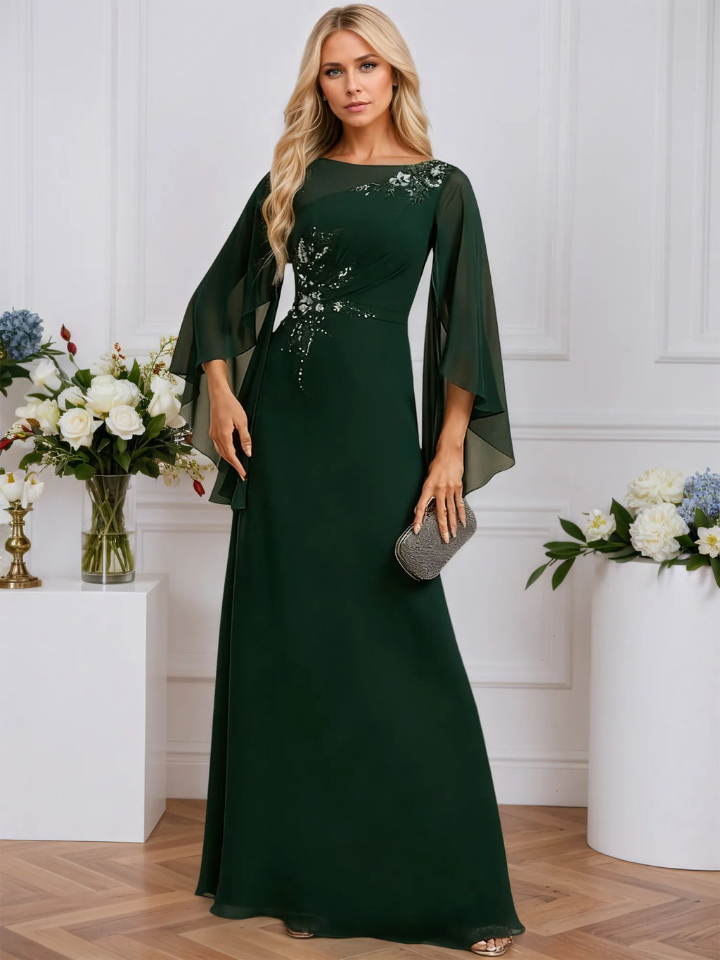 A-line Boat Neck Illusion Floor-Length Chiffon Evening Dress With Sequins Appliques Lace Pleated