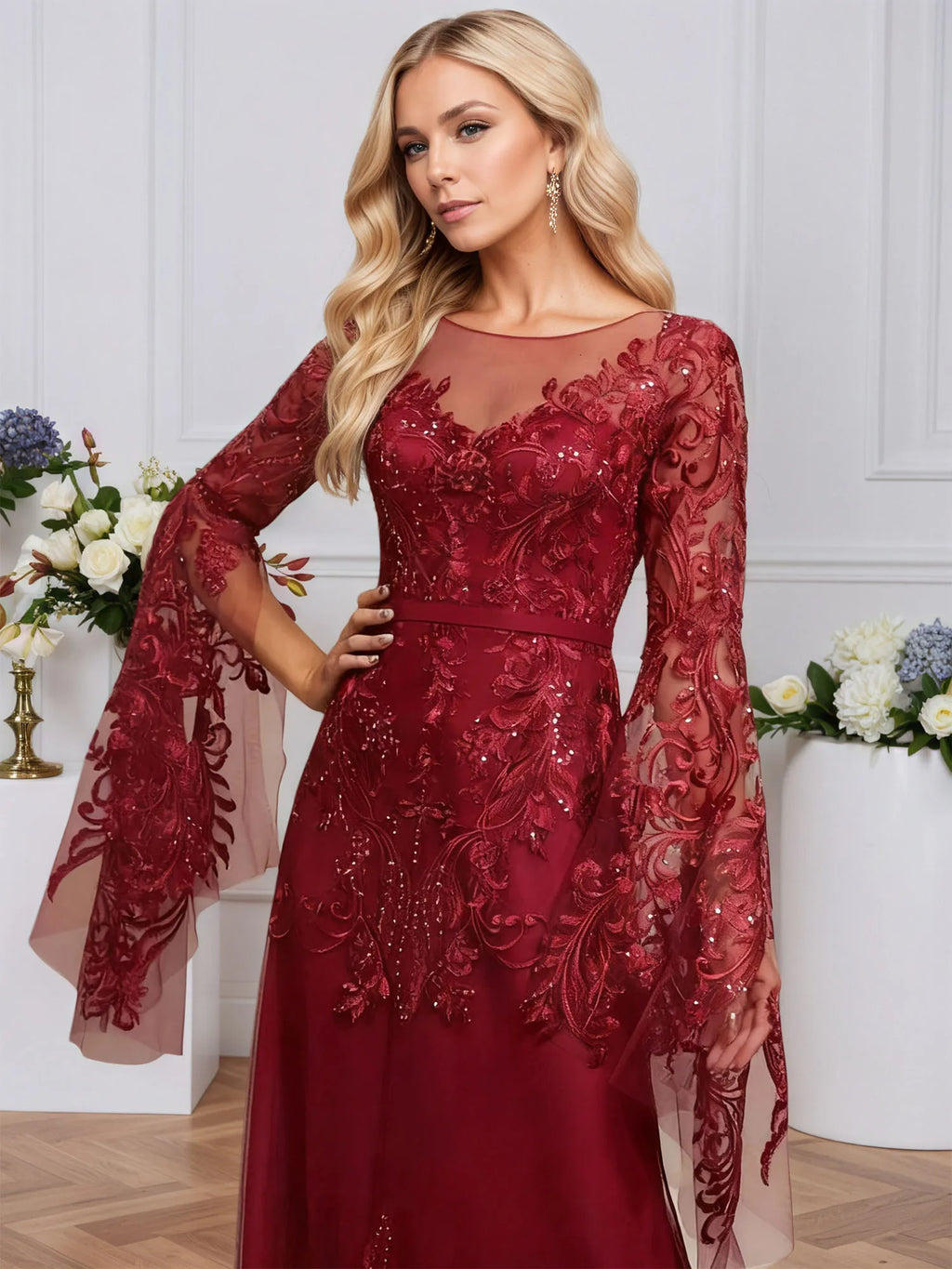 A-line Scoop Illusion Floor-Length Tulle Lace Evening Dress With Sequins