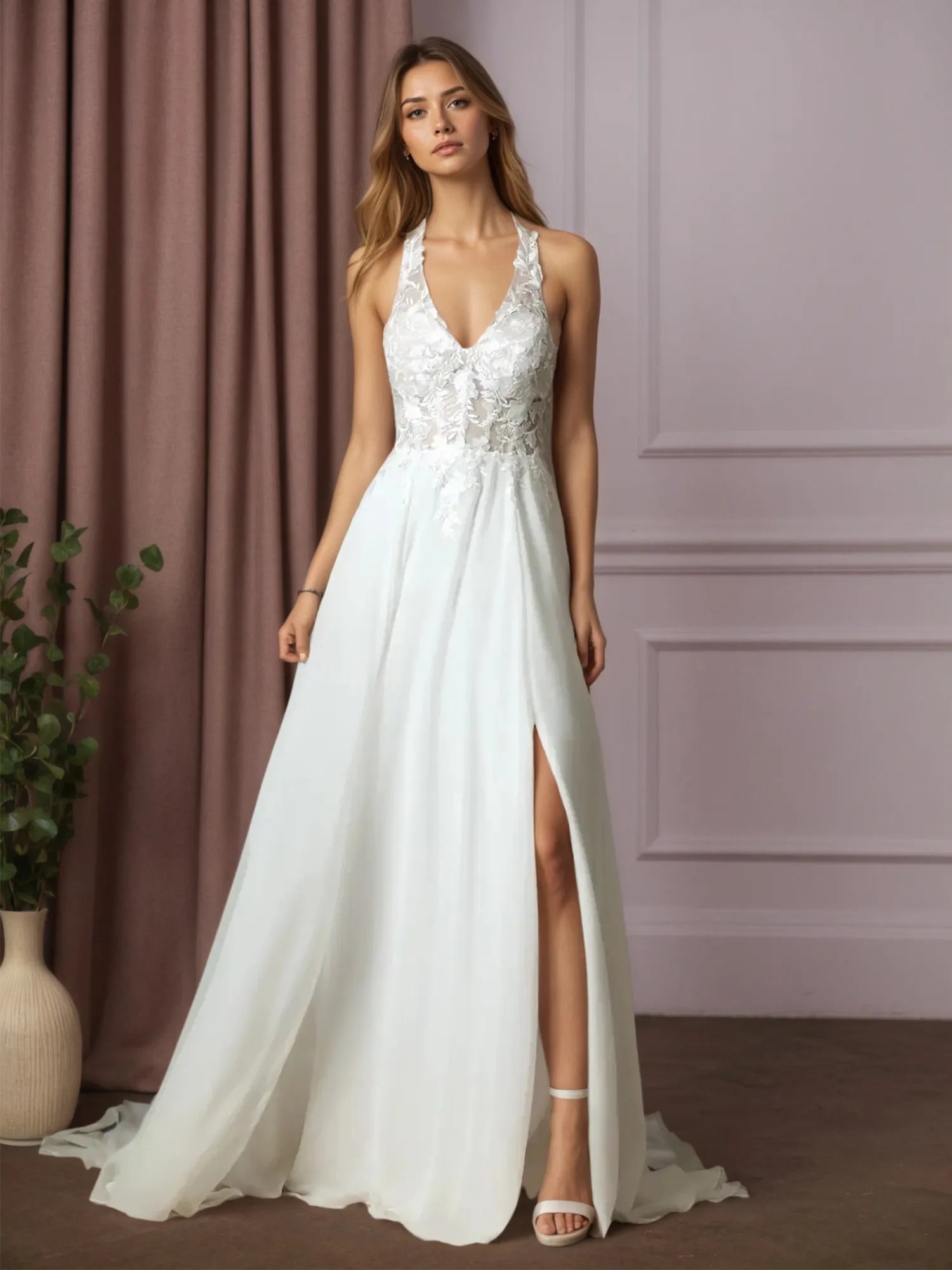 Vestido de novia blanco en línea A con encaje