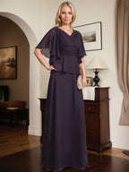 Robe mère de la mariée ligne A en chiffon longue au sol avec décolleté en V et perles plissées