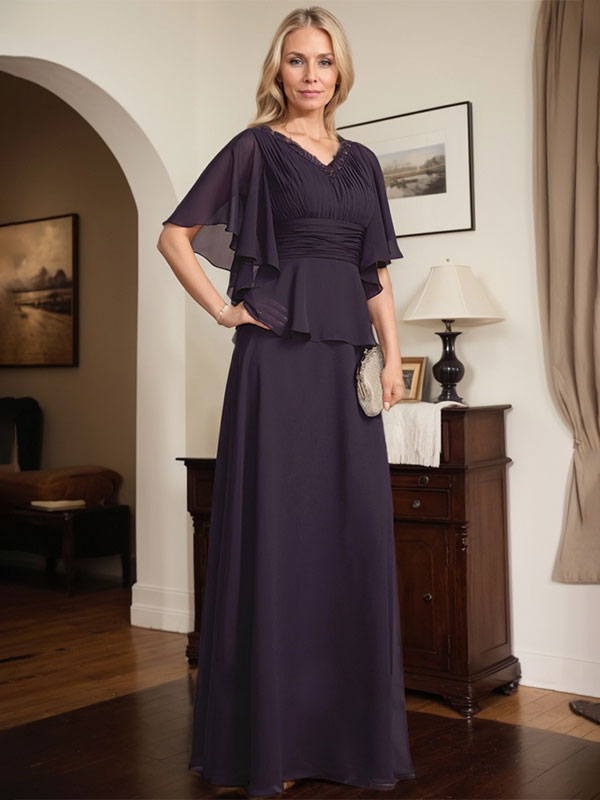 A-Linien Chiffon-Mutter-der-Braut-Kleid mit V-Ausschnitt, bodenlang, plissierte Perlenverzierung