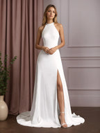 Robe de mariée blanche en satin stretch ligne A avec fente latérale