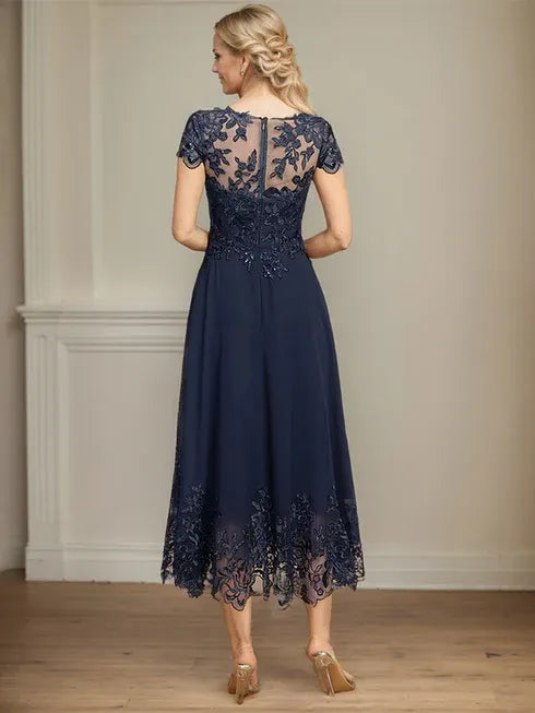 Robe mère de la mariée ligne A illusion à col rond longueur thé en dentelle mousseline avec paillettes