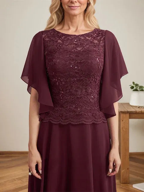 A-Linien Rundhals Illusions-Bodenlanges Spitzen-Chiffon Mutter-der-Braut-Kleid mit Pailletten