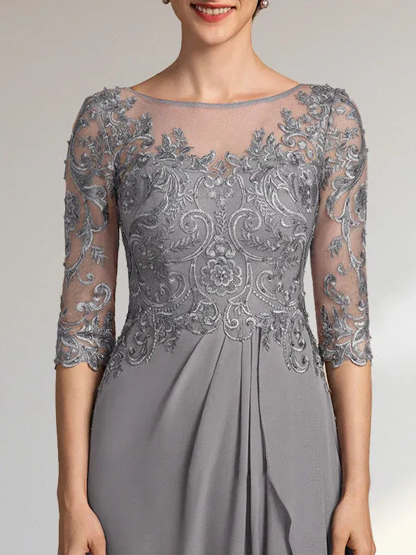 Vestido para la madre de la novia línea A con escote redondo ilusión, largo hasta el suelo, de gasa y encaje con cuentas, lentejuelas y volantes en cascada