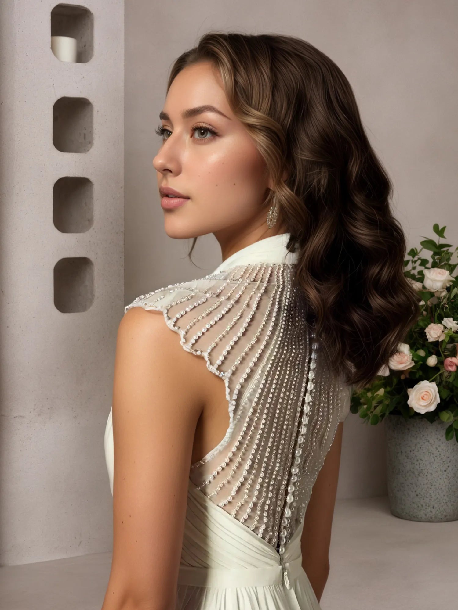 Cremefarbenes, plissiertes Chiffonkleid in A-Linie
