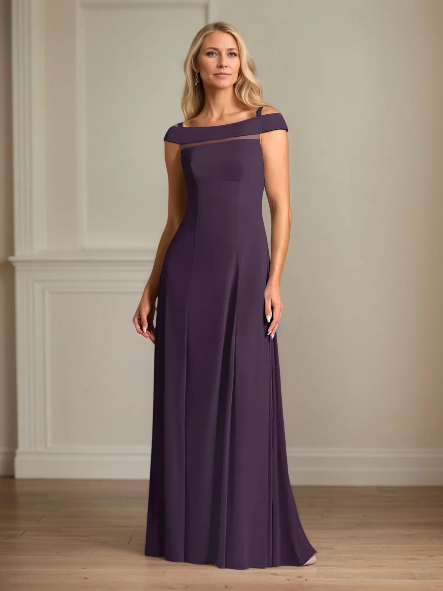 A Line Off the Shoulder Sleeveless Chiffon Mother of the Bride Dress With Pleated