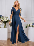 A-line V-Neck Floor-Length Chiffon Evening Dress With Cape Pleated