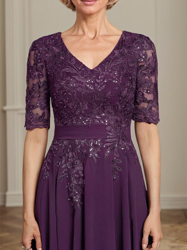 A-Linien V-Ausschnitt Tea-Length Spitzen-Chiffon Kleid für die Mutter der Braut mit Pailletten