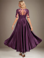 A-line Scoop Illusion Asymmetrical Stretch Satin Lace Mother of the Bride Dress With Sequins