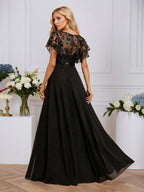 Sheath/Column Illusion V-Neck Floor-Length Sequin Chiffon Lace Evening Dress With Overskirt