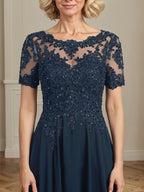 A-Linien Rundhals Illusions-Bodenlanges Chiffon-Spitzenkleid für die Mutter der Braut mit Pailletten und Perlen