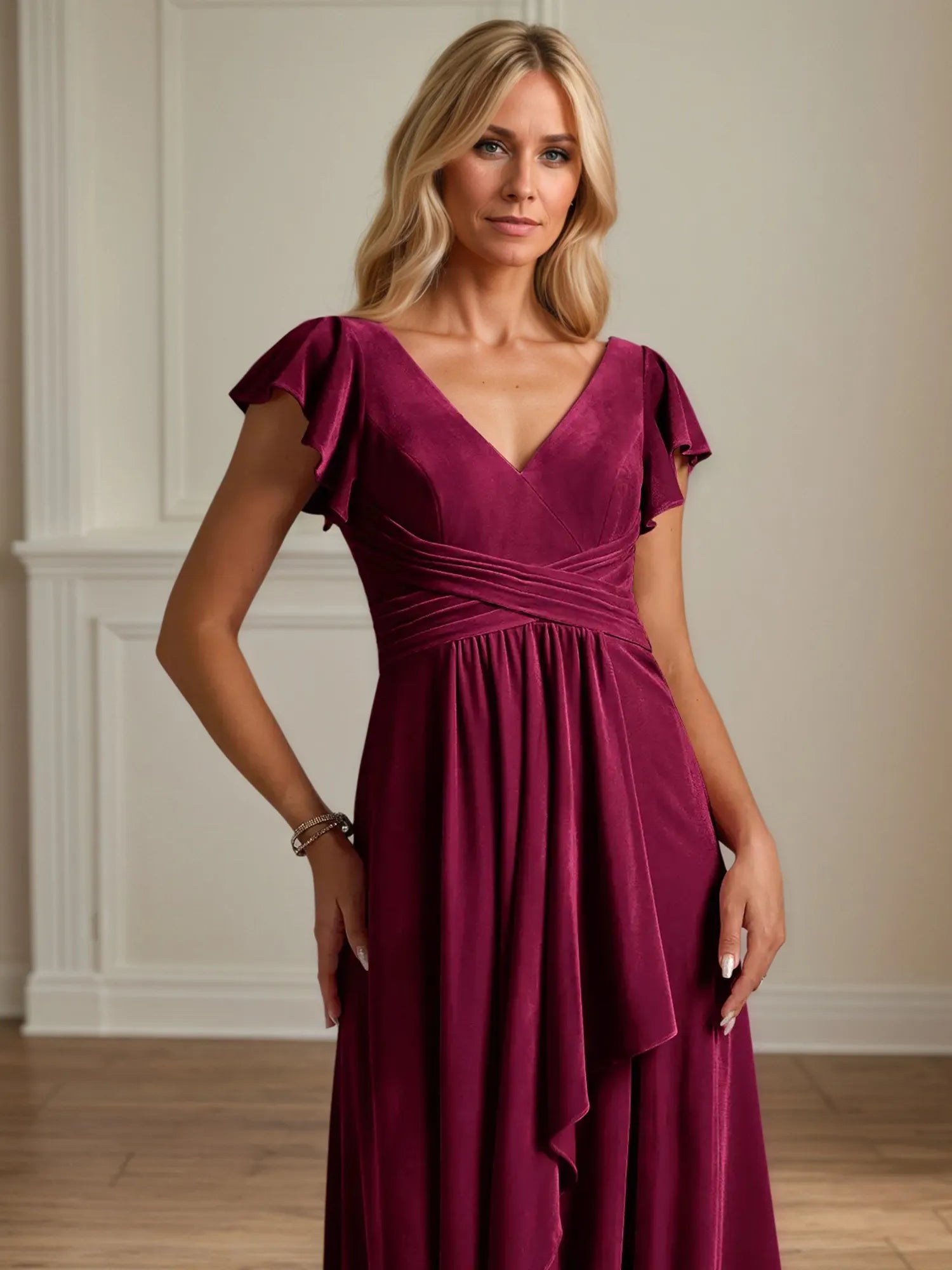 A-Linien V-Ausschnitt Kurzarm Samt Brautmutterkleid mit Rüschen