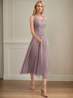 A-Linien Kleid mit Rundhalsausschnitt, tea-länge, Spitze und Chiffon, Mutter der Braut Kleid