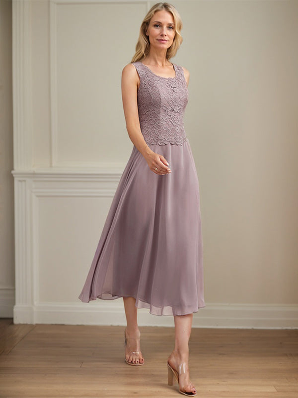A-Linien Kleid mit Rundhalsausschnitt, tea-länge, Spitze und Chiffon, Mutter der Braut Kleid