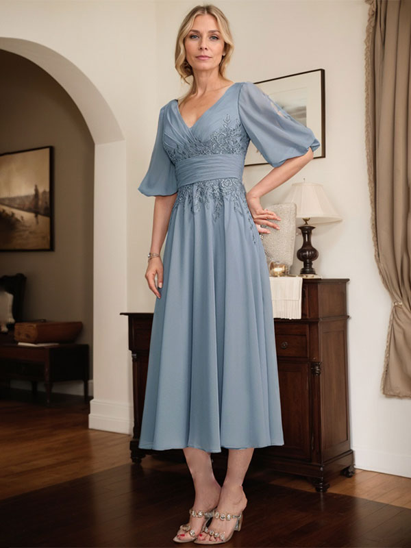 Robe mère de la mariée ligne A en dentelle et chiffon, col en V, longueur thé, avec plis
