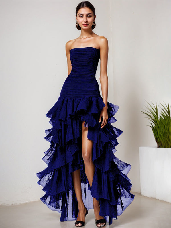 Schickes Dunkelgrünes Trägerloses Tüll Stufiges Langes Festkleid