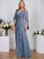 Vestido para la madre de la novia línea A con escote en V, largo hasta el suelo, encaje y gasa con lentejuelas florales 3D y volantes en cascada