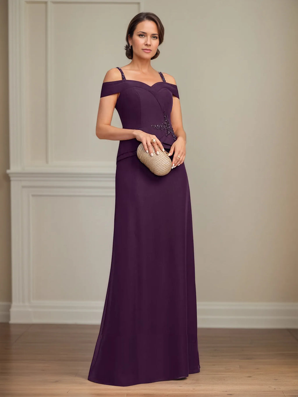 A Line Cold Shoulder Floor Length Chiffon Mother of the Bride Dress With Beading Sequins