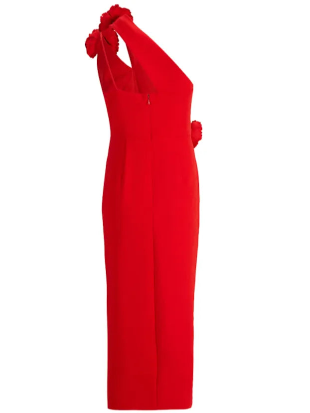 Robe midi rouge à fleurs 3D, une épaule, fourreau