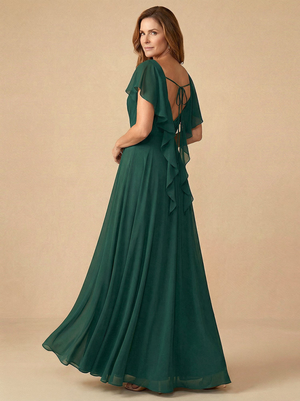 Vestido para madre de la novia con mangas acampanadas, escote en V, volantes de gasa y pliegues