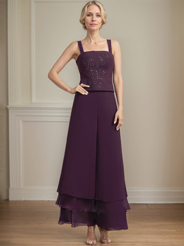 Conjunto separado mono/pantalón de encaje y gasa hasta el tobillo para madre de la novia con lentejuelas