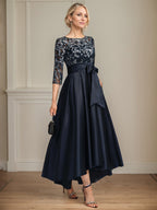 A-Linien-Kleid mit Rundhalsausschnitt, Illusionseffekt, asymmetrischem Satin-Spitzenstoff und Schleife für die Brautmutter
