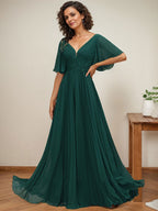 A-Linien V-Ausschnitt bodenlanges Chiffon Mutterkleid der Braut mit Pailletten-Applikationen, Spitze und Falten