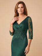 Vestido de madre de la novia de satén sirena con mangas medias de encaje y apliques para mujer