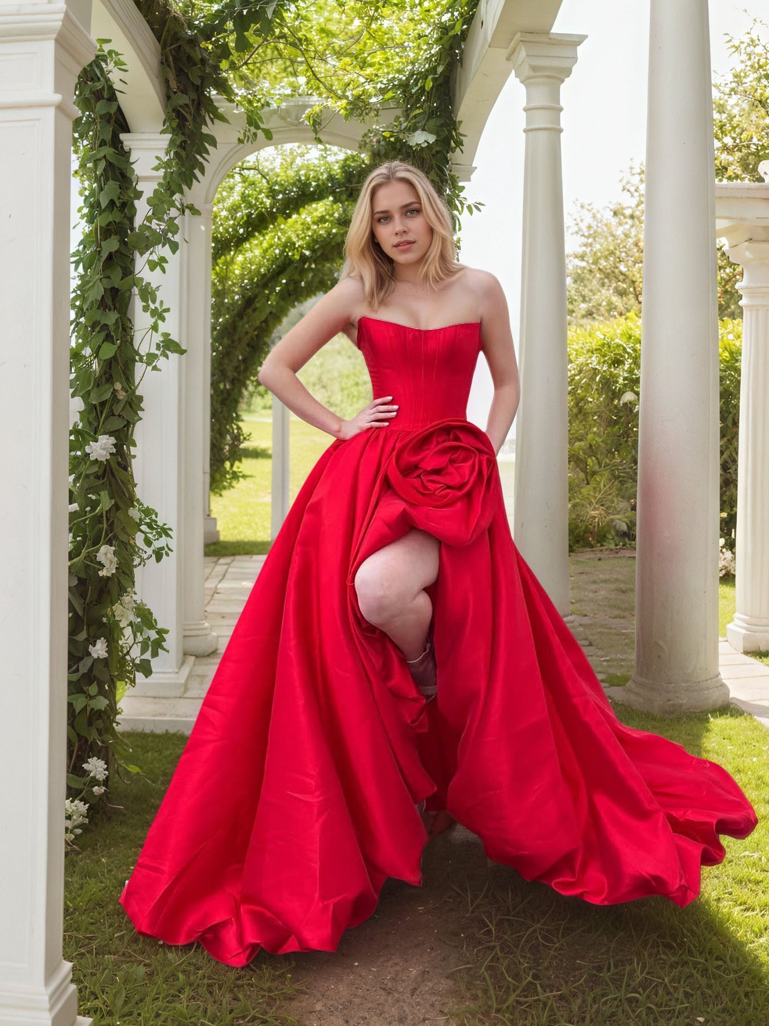 Abito da sera formale in raso senza spalline con fiori 3D e spacco alto per donna