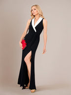 Abito da madre della sposa nero in chiffon con scollo profondo a V, lunghezza alla caviglia e spacco alto