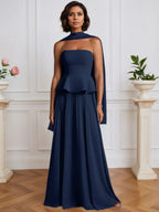 A-Linien Kleid, schulterfrei, ärmellos, plissiert aus Chiffon mit fallenden Rüschen