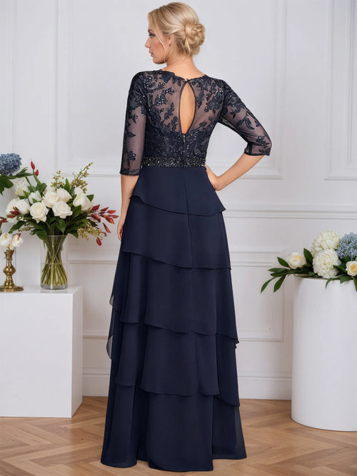 Robe longue en chiffon avec illusion décolleté arrondi, coupe évasée, perles et sequins pour mère de la mariée