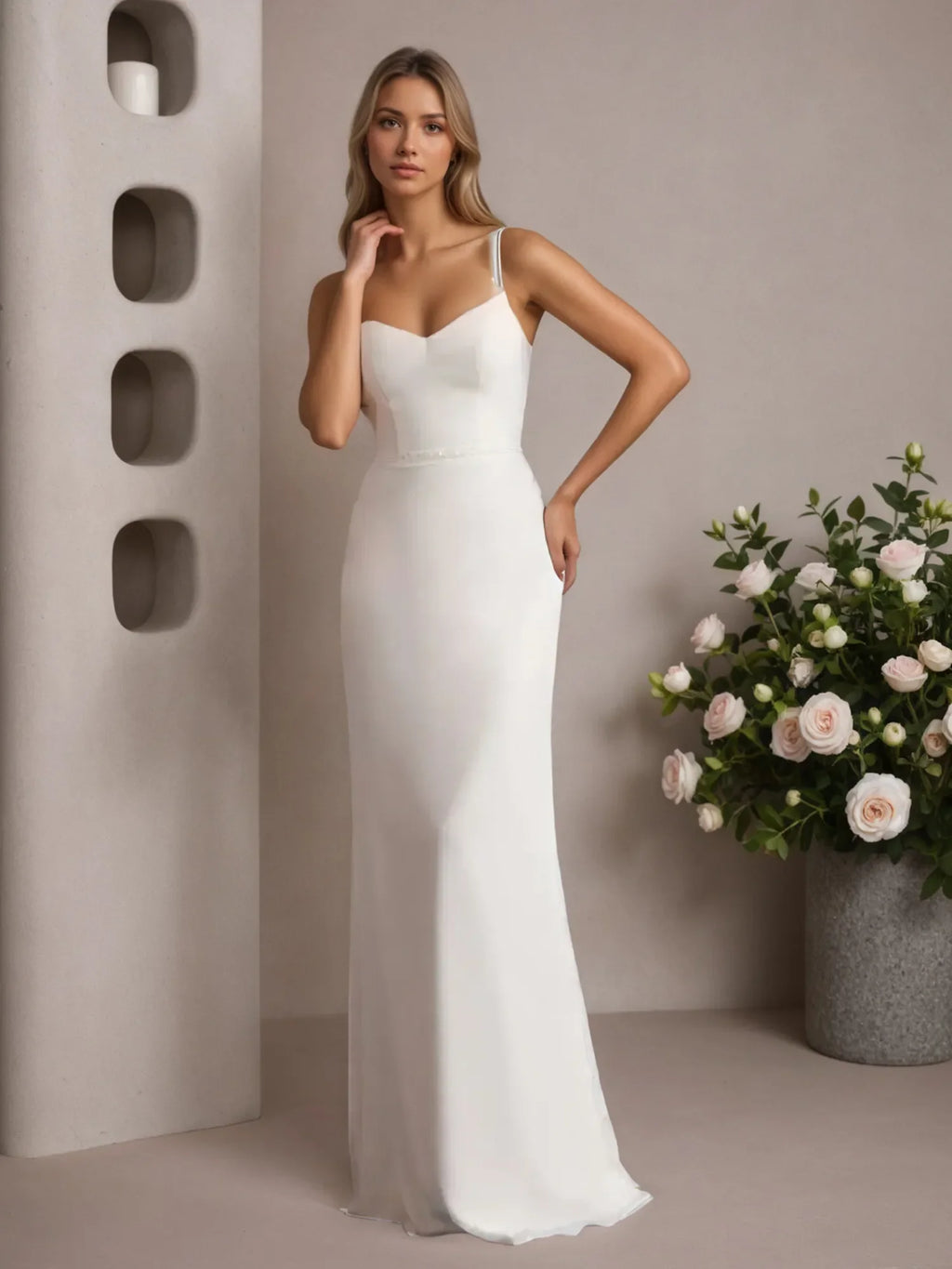 Vestido de novia de gasa blanco, corte recto y escote en V