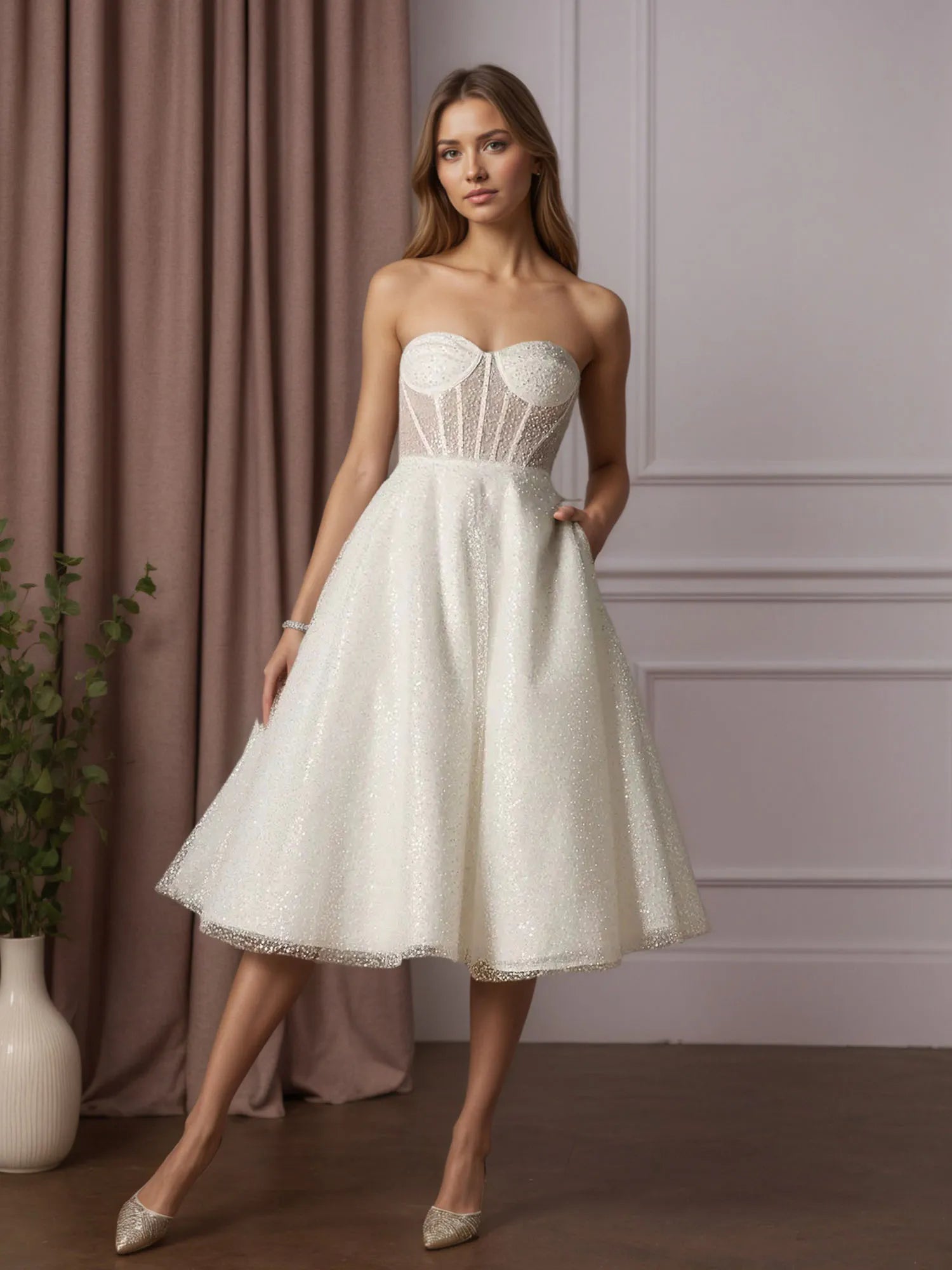 Vestido de novia blanco en línea A sin tirantes con cuentas