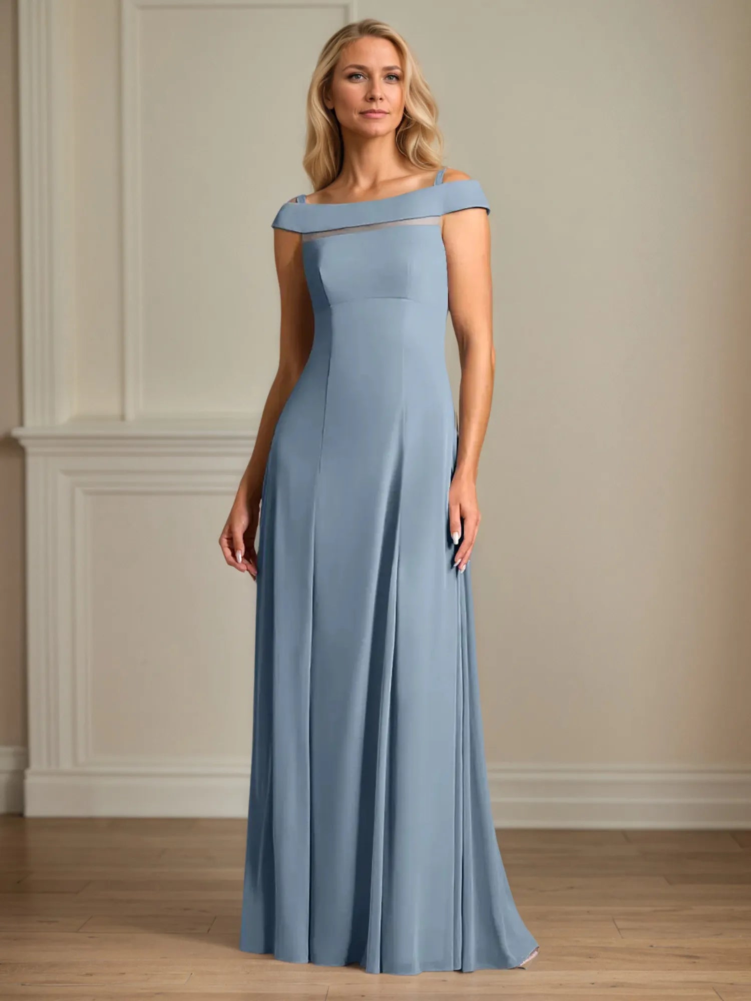 A Line Off the Shoulder Floor Length Chiffon Mother Of the Bride Dress With Pleated
