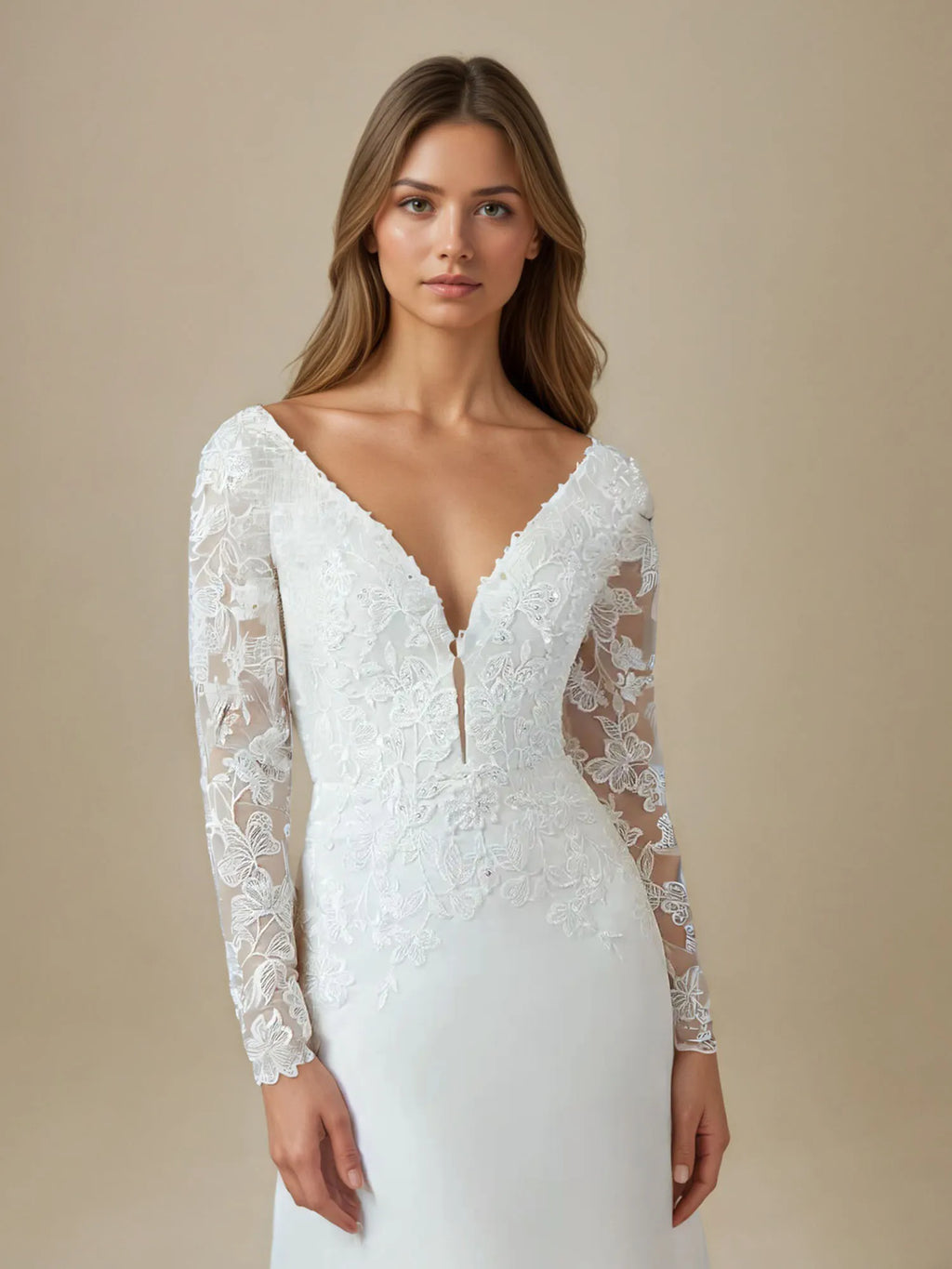 Vestido de novia blanco línea A con escote en V, lentejuelas y gasa