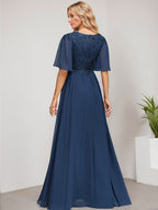 A-Linien V-Ausschnitt Bodenlanges Spitzen-Chiffon Kleid für die Brautmutter mit Pailletten