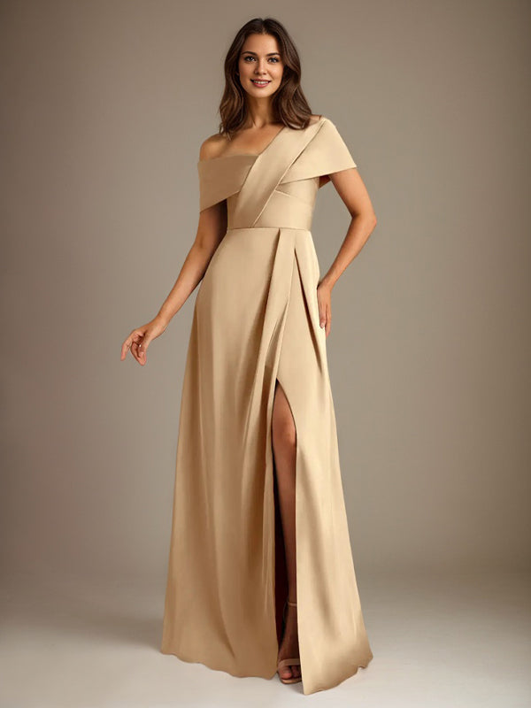 A-Linien asymmetrischer Ausschnitt bodenlanges Satin-Brautkleid für die Brautmutter mit Falten