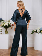 Jumpsuits V-Neck Floor-Length Stretch Satin Evening Dress With Pleated