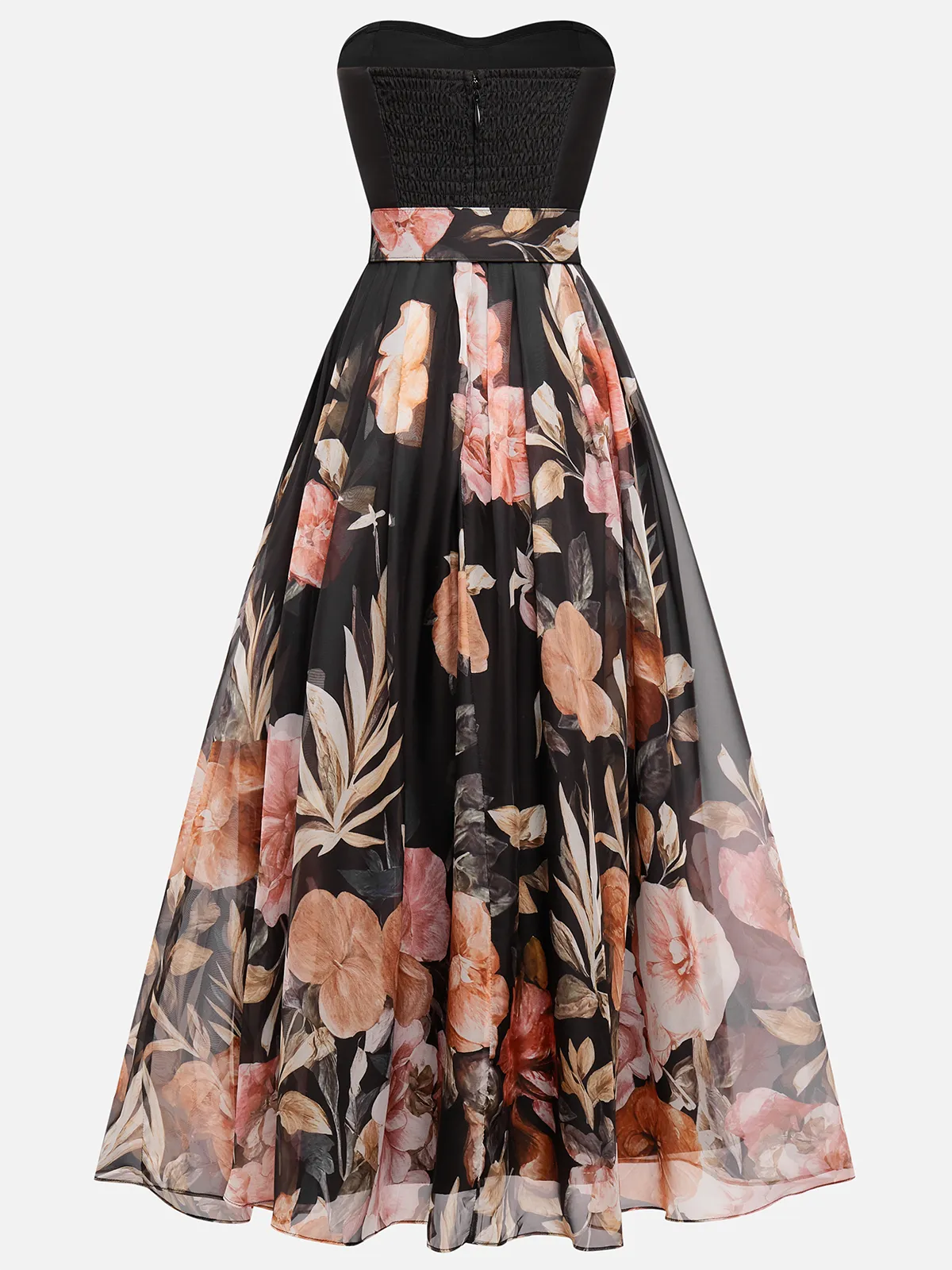 Abito midi a linea A in chiffon nero floreale senza spalline e senza maniche