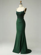 Mermaid Halter Beaded Long Prom Dress with Appliques and Slit