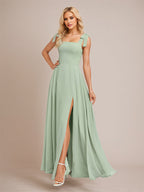 Sage A Line Chiffon Square Neck Floor Length Bridesmaid Dress With Bow
