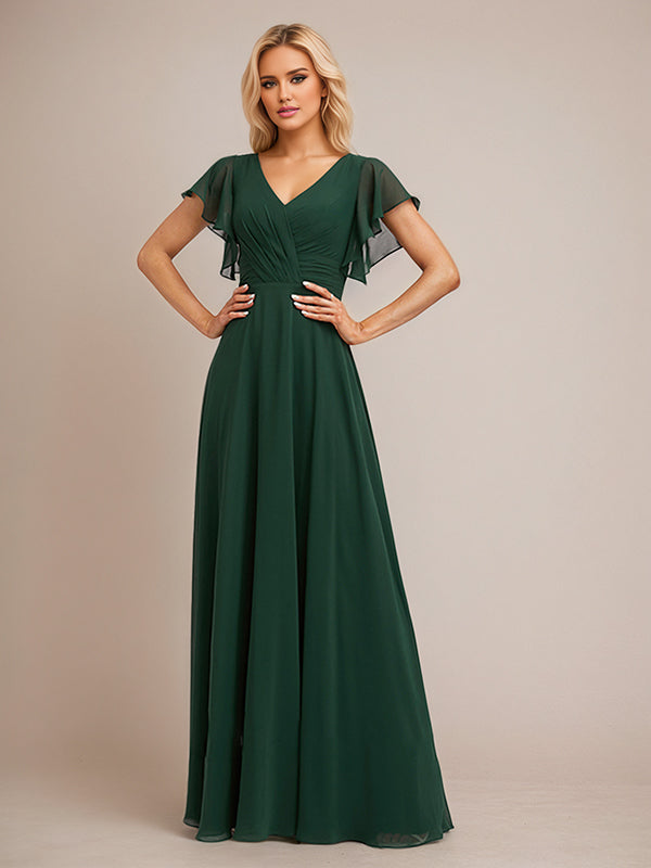 Dunkelgrünes A-Linien Chiffon Brautjungfernkleid mit V-Ausschnitt, bodenlang und Rüschen