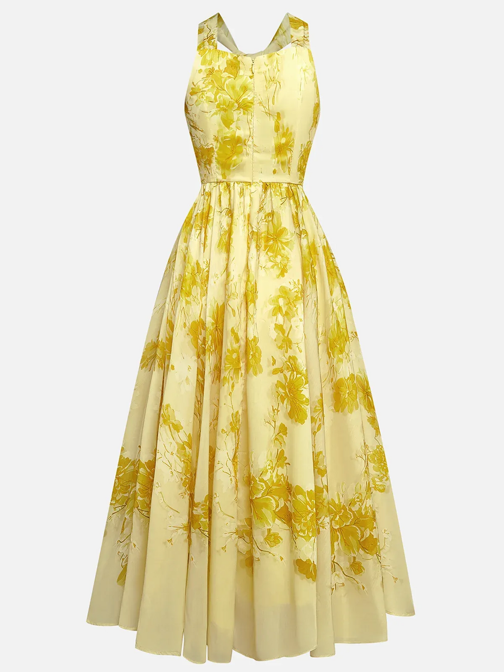 Robe midi jaune en chiffon à fleurs, col halter, sans manches, coupe A