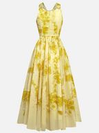 Robe midi jaune en chiffon à fleurs, col halter, sans manches, coupe A