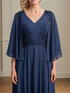 A-Linien-Brautmutterkleid aus Chiffon, V-Ausschnitt, tea-length mit Spitze, Pailletten und Perlen