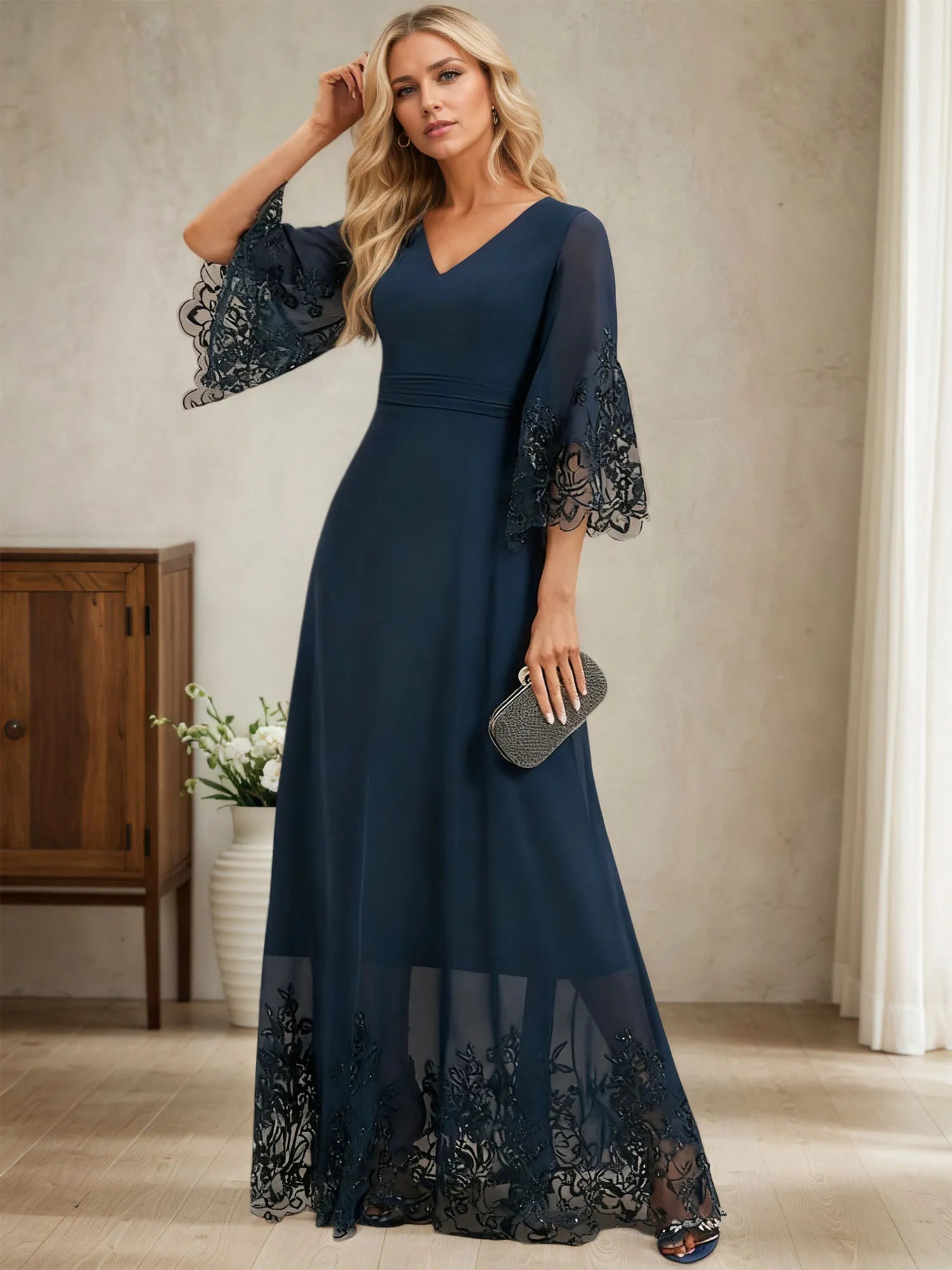 A-line V-Neck Floor-Length Chiffon Evening Dress With Pleated Sequins