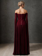 Off-Shoulder Cape Sleeve Pleated Maxi Gown Formal Evening Dress