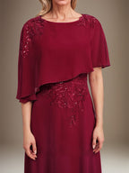 A-Linie Rundhals Bodenlanges Chiffon-Spitzenkleid für die Brautmutter mit Pailletten und Perlen